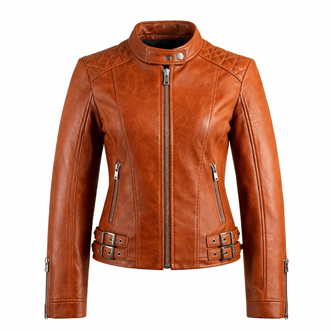 Motorcycle Quilted Brown Leather Jacket