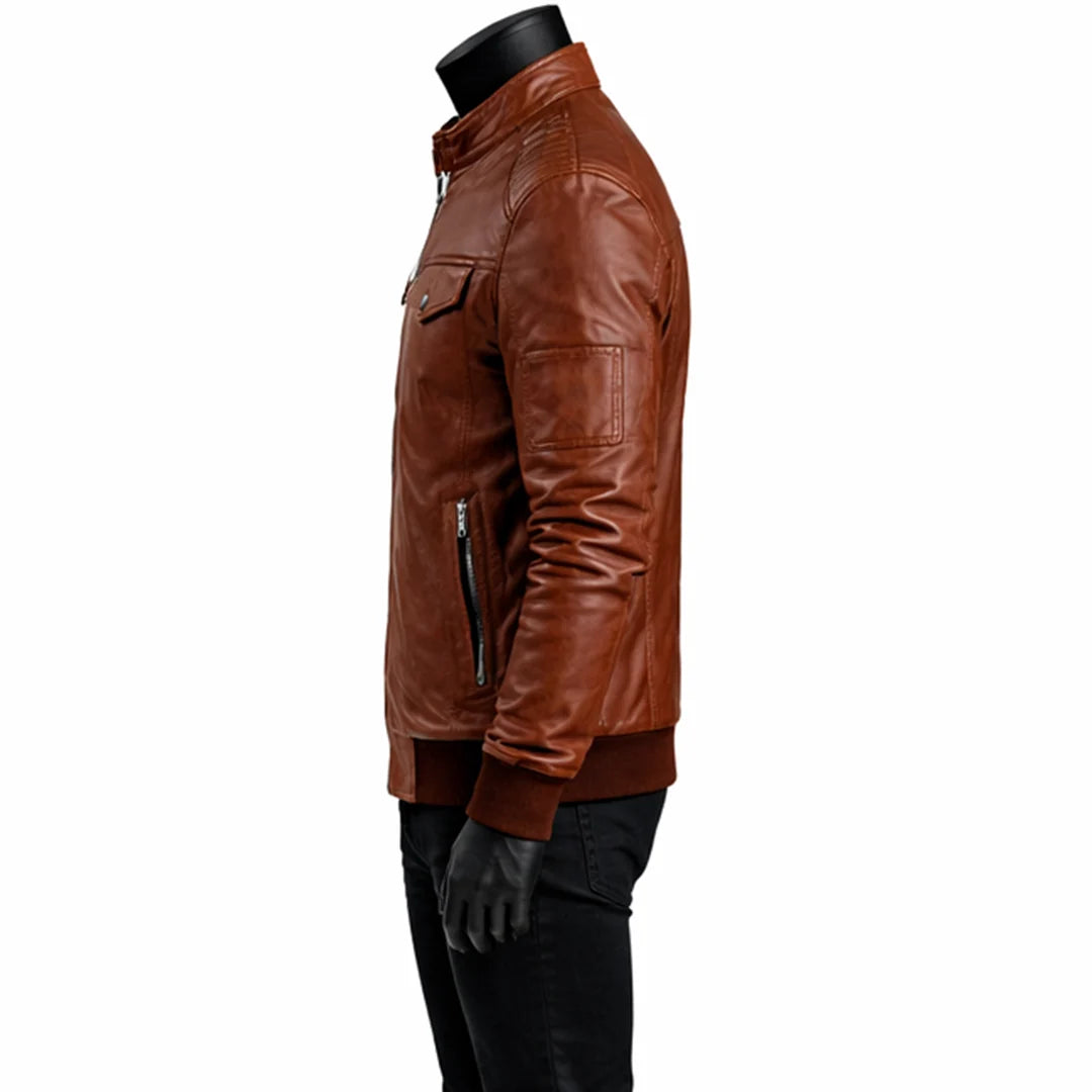 Plain Bomber Brown Leather Jacket