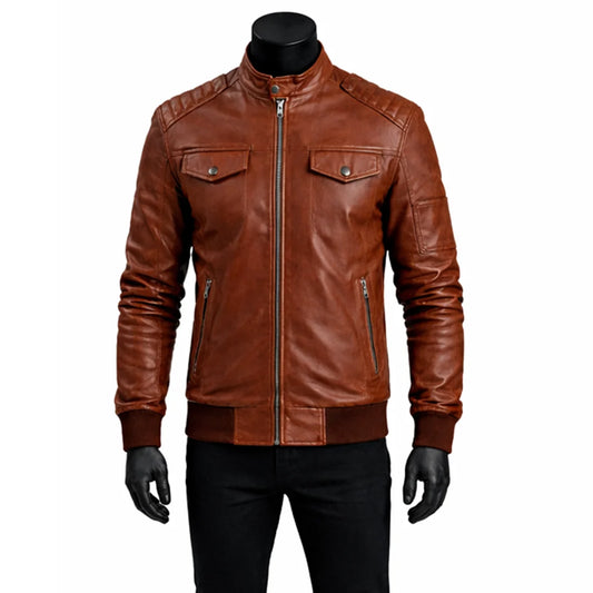 Plain Bomber Brown Leather Jacket
