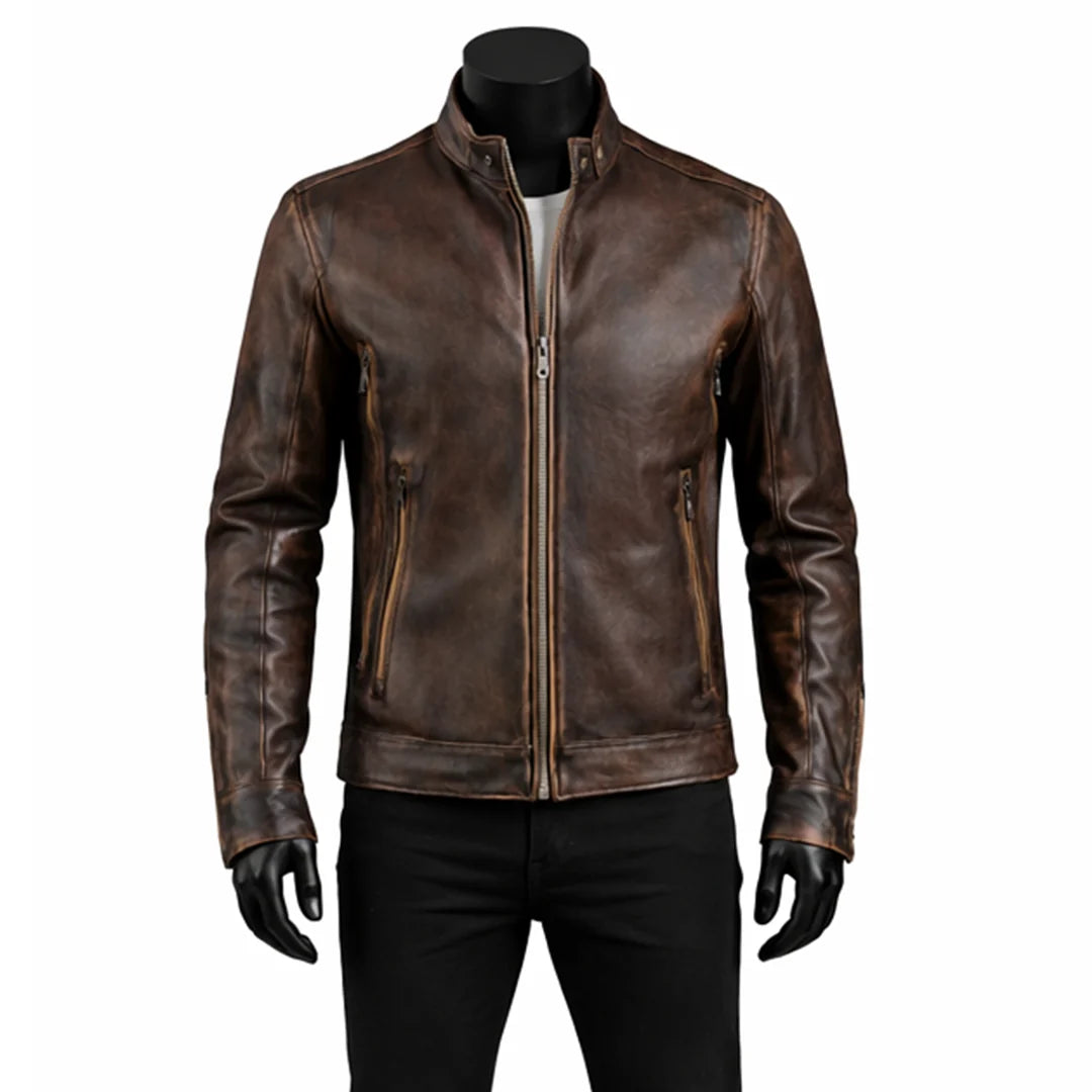 Vintage Motorcycle Waxed Brown Leather Jacket