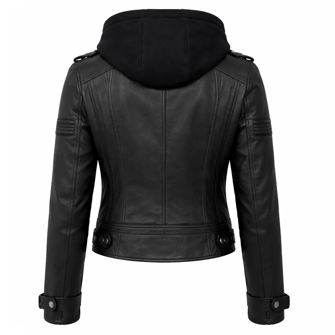 Women Black Hooded Leather Jacket