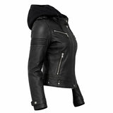 Women Black Hooded Leather Jacket