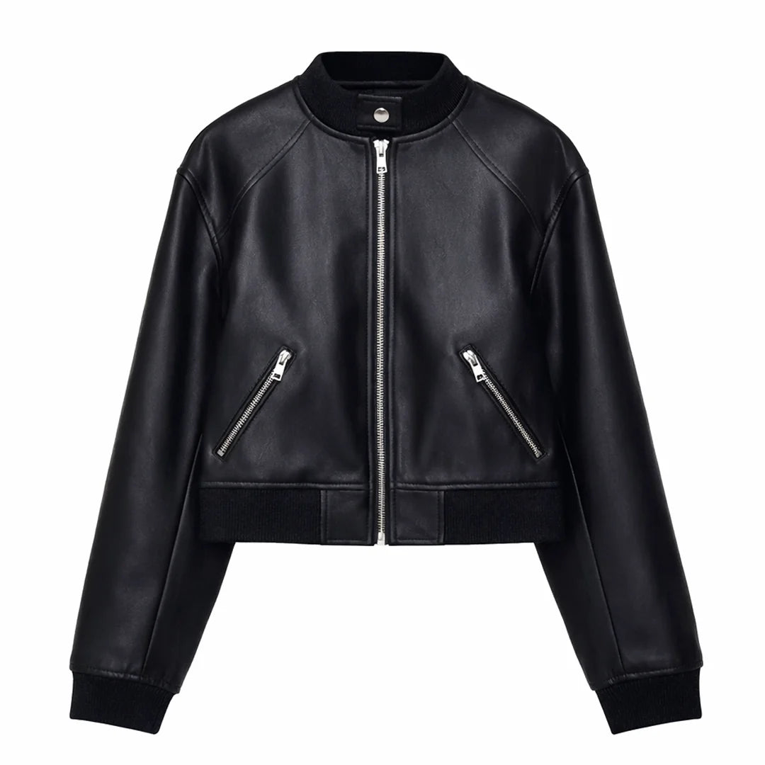 Women Black Collarless Leather Jacket