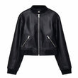 Women Black Collarless Leather Jacket
