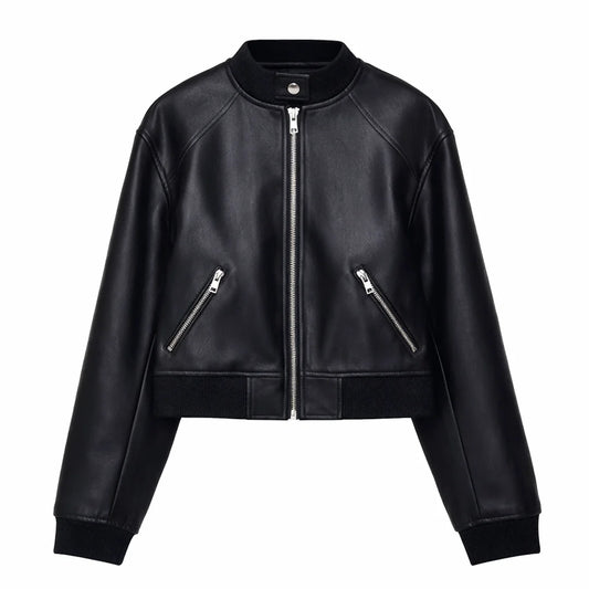 Women Black Collarless Leather Jacket