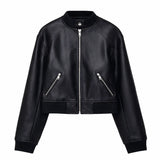 Women Black Collarless Leather Jacket