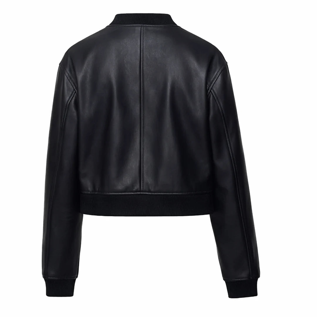 Women Black Collarless Leather Jacket