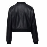 Women Black Collarless Leather Jacket