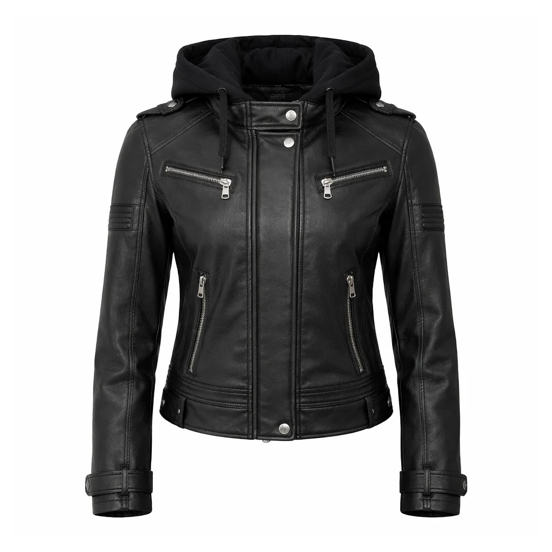Women Black Hooded Leather Jacket