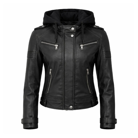 Women Black Hooded Leather Jacket