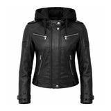 Women Black Hooded Leather Jacket