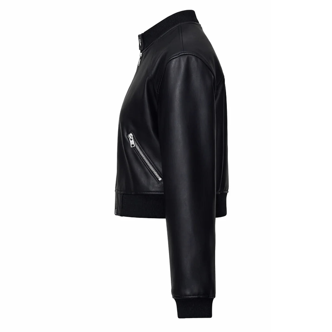 Women Black Collarless Leather Jacket