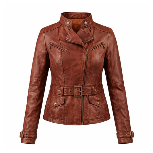 Women Racer Brown Leather Jacket