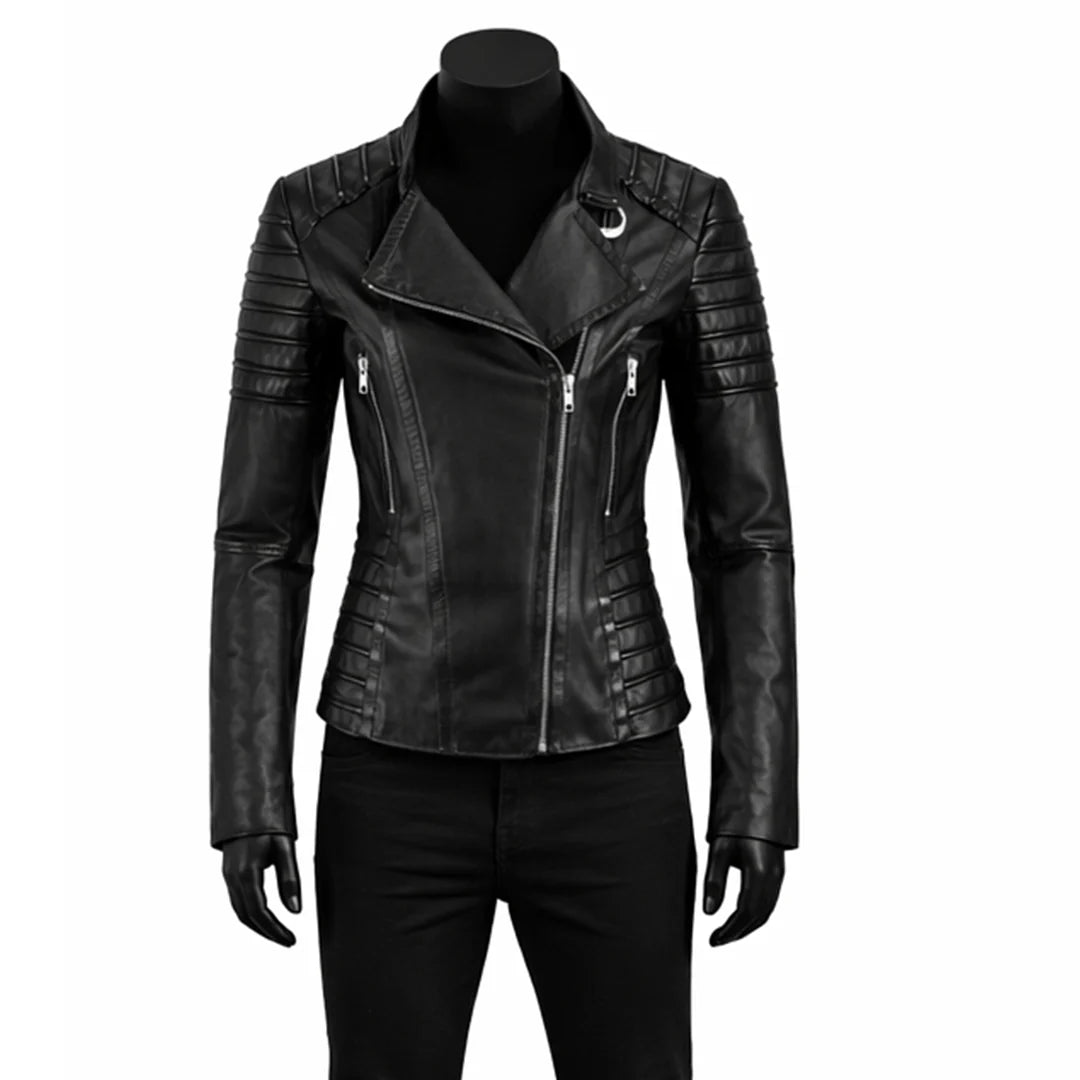 Women Racer Slim Fit Black Leather Jacket